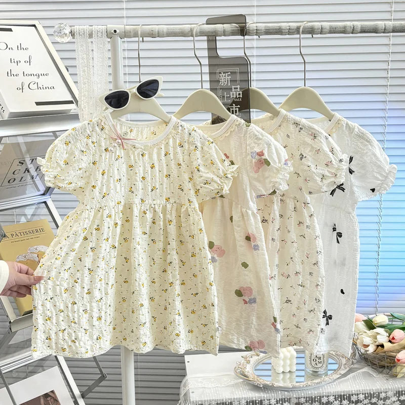 

insPuff Sleeve Girls' Dress Summer New Floral Short Sleeve Princess Dress for BabiesaSummer-style children's dress