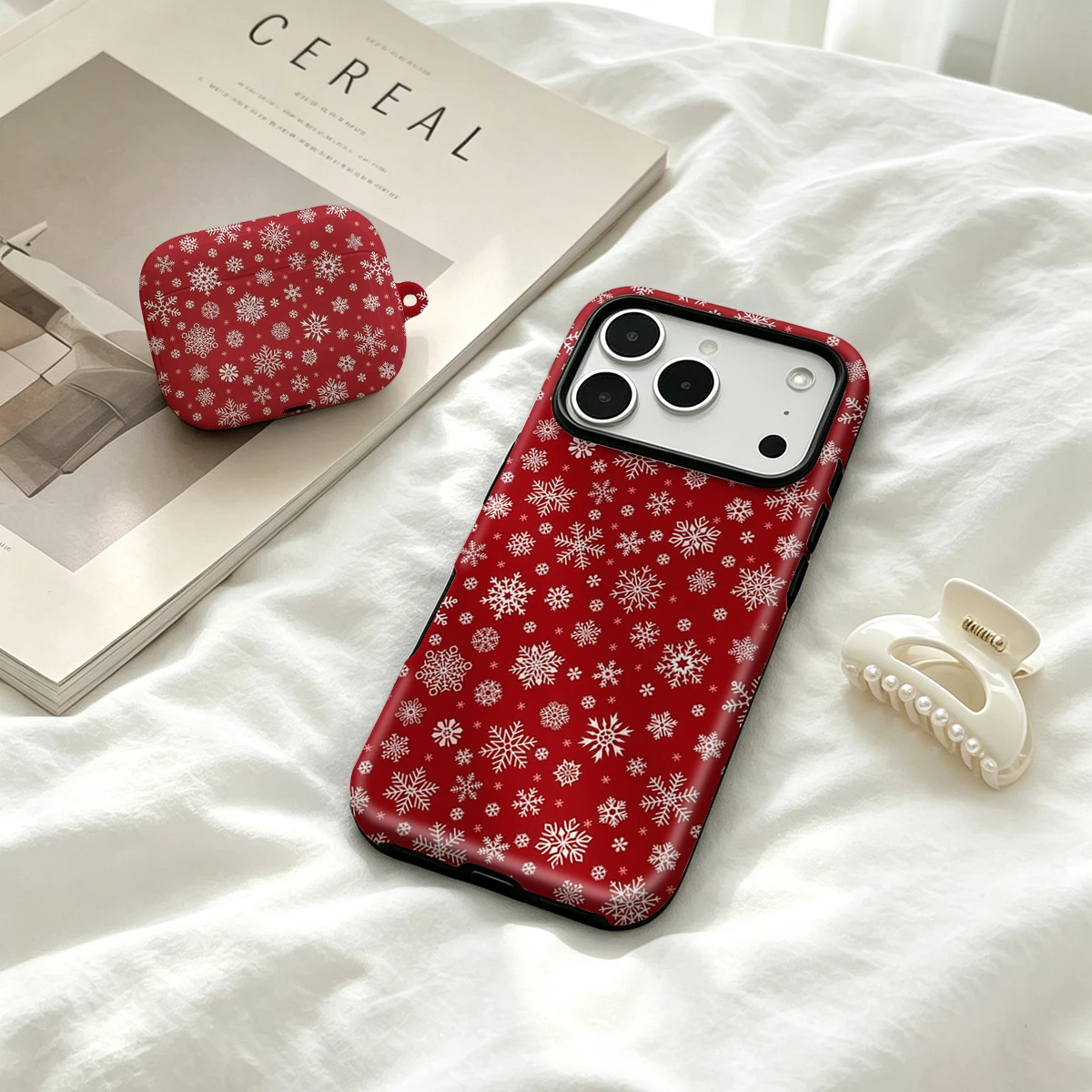 Airpod Case Cover - 2 in 1 White Snowflakes Red