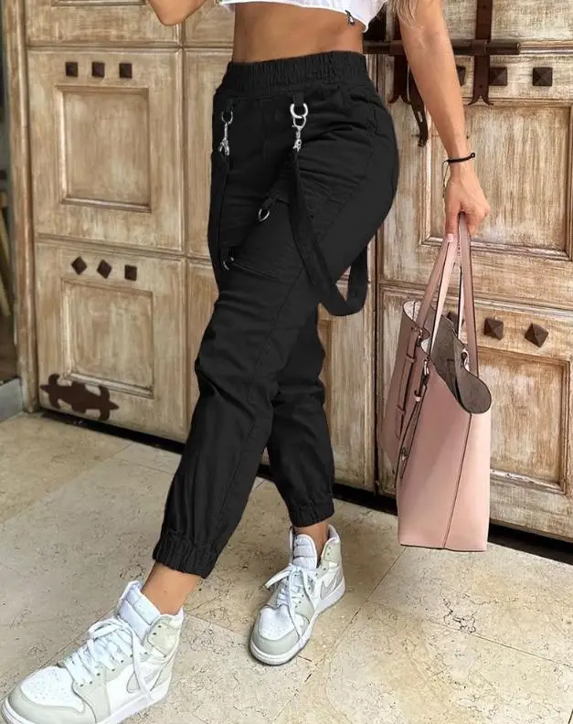 

sexy elegant Pocket Design Cuffed Suspender Pants new fashion 2024 summer casual Female trouser casual bottom