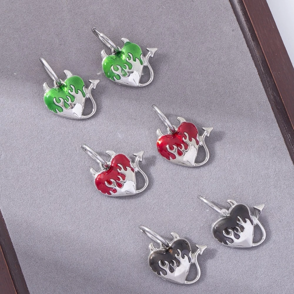 Gothic Personality Silver Color Stainless Steel Red Drip Glaze Heart-shaped Flame Arrow Tail Dangle Earrings for Women Jewelry