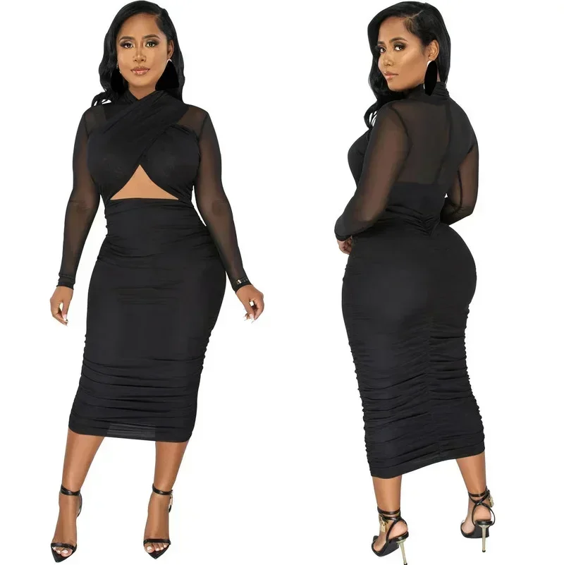 KEXU Cut-Out Crossed Bust Mesh Ruched Midi Dress Fashion Mock Neck Pleated Party Dresses Sexy Mesh Patchwork Night Out Robes