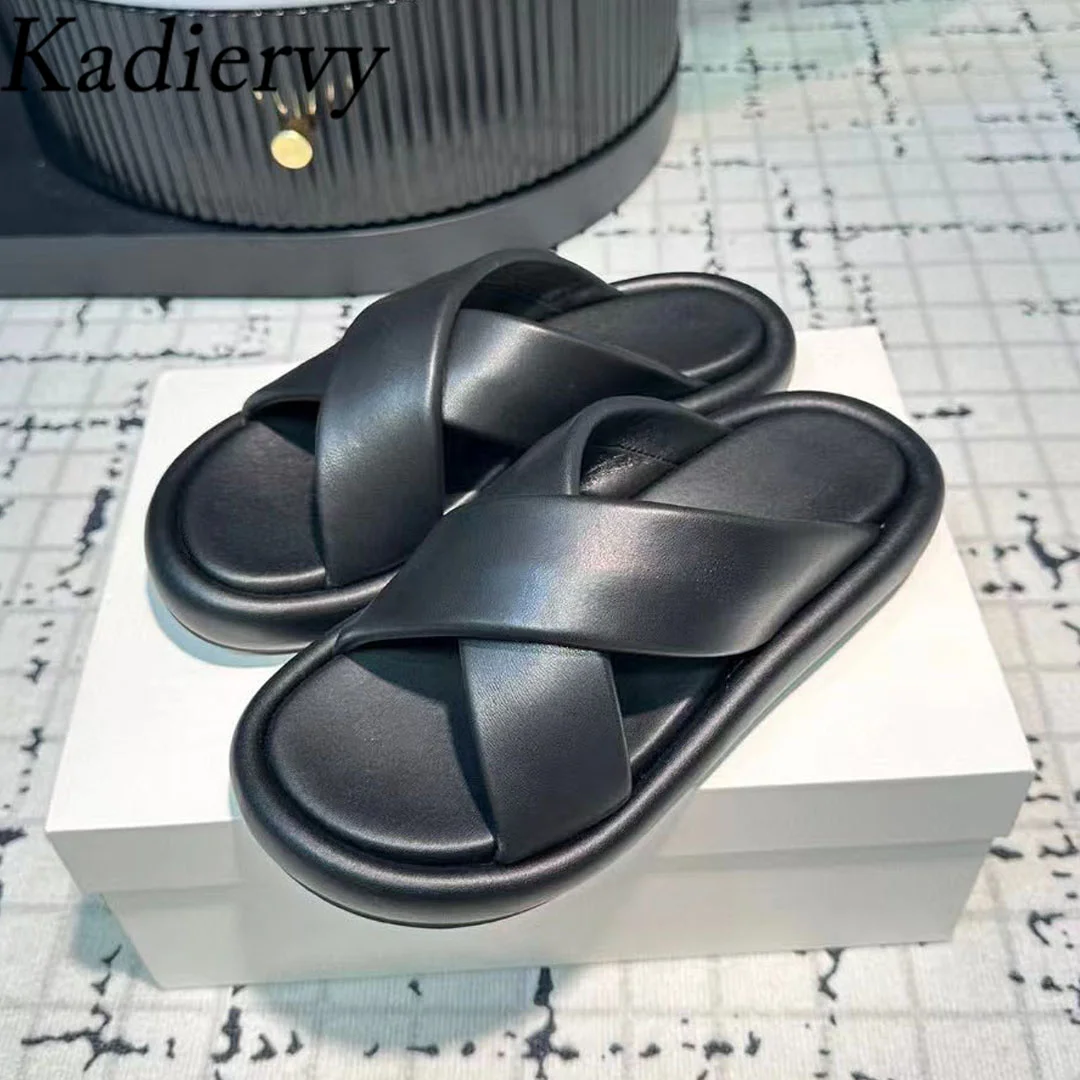 Genuine Leather Slippers Women Holiday Casual Slides Summer Cross-tied Mules Shoes Women Black White Comfort Flat Slippers Woman