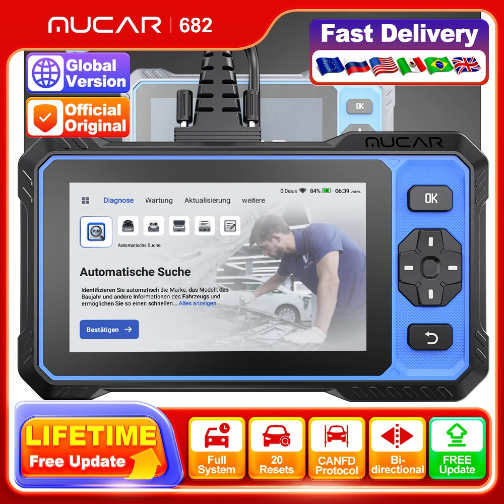 MUCAR 682 Auto OBD2 Scanner Lifetime Free Update Full System Clear Code Bidirectional Control 20 Reset CANFD Car Diagnostic Tool