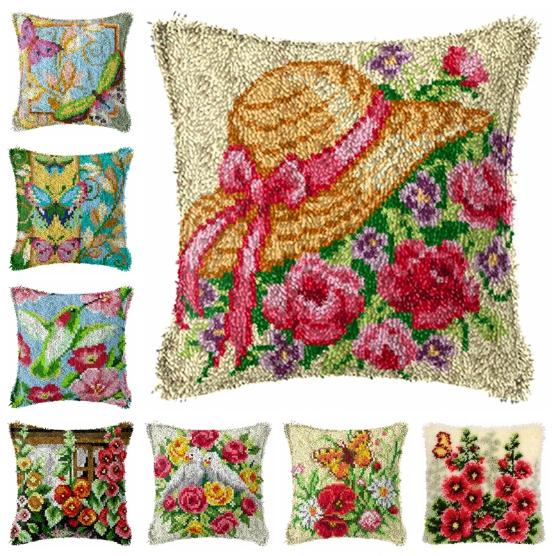 

Flowers Butterfly Latch Hook Kit Mats Cushion Pillow DIY Bird Needlework Button Package Cushion Embroidery Latch Hook Rug carpet