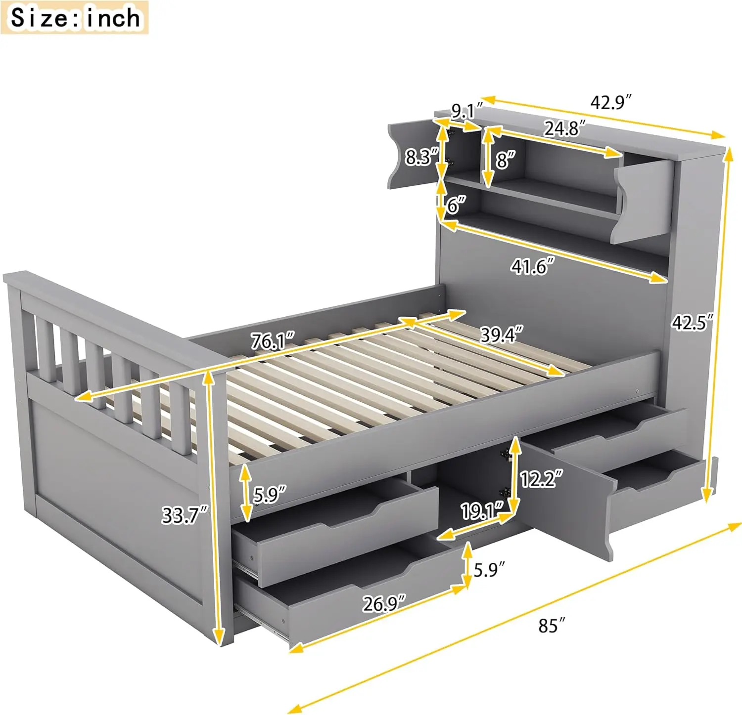 Harper & Bright Designs Twin Size Captain Platform Bed Frame for Boys Girls Kids Adults Toddler with Storage Bookcases and Shelv