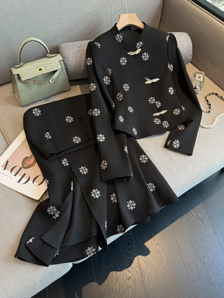 

Elegant Fashionable Chinese Style Long Sleeve Top And Midi Skirt Two Piece Set for Women Autumn New Arrival High Quality