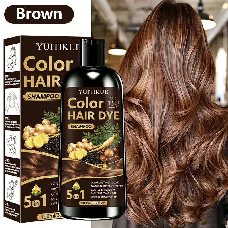 YUITIKUE 5 In 1 Hair Dye Shampoo 100ml 15 Minutes Quick Color Herbal Cover Gray Hair Long Last Gentle Hair Color Wash