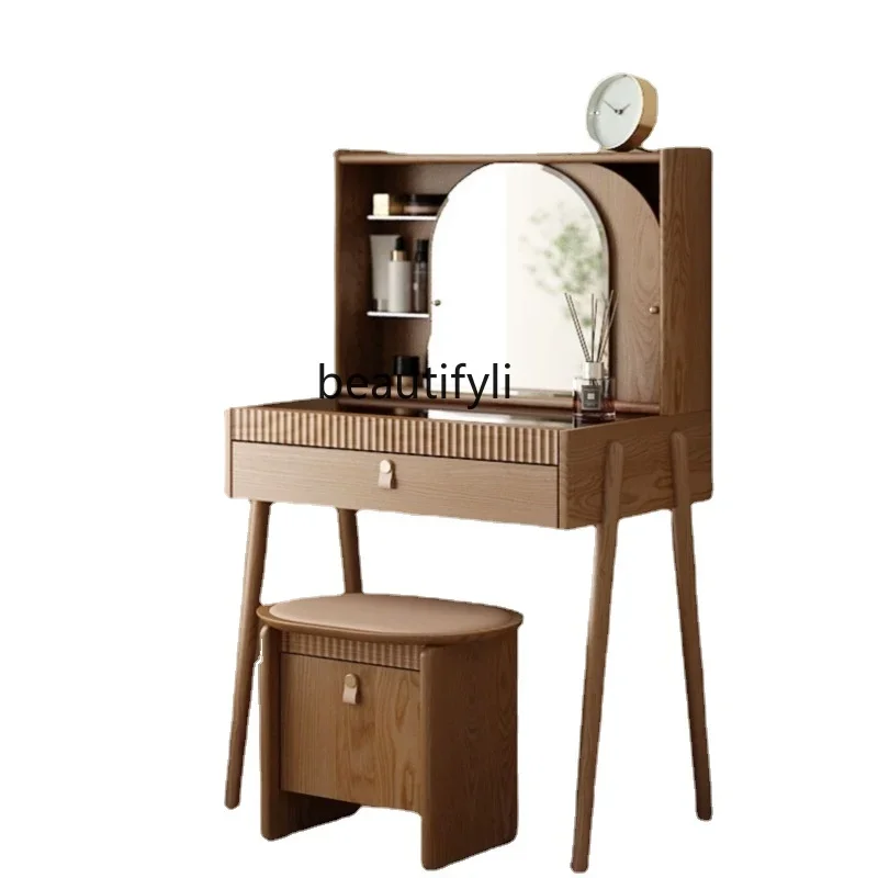 

Retro Solid Wood Dressing Table Small Apartment Bedroom Ash Walnut Color Makeup Table Storage Dressing Table