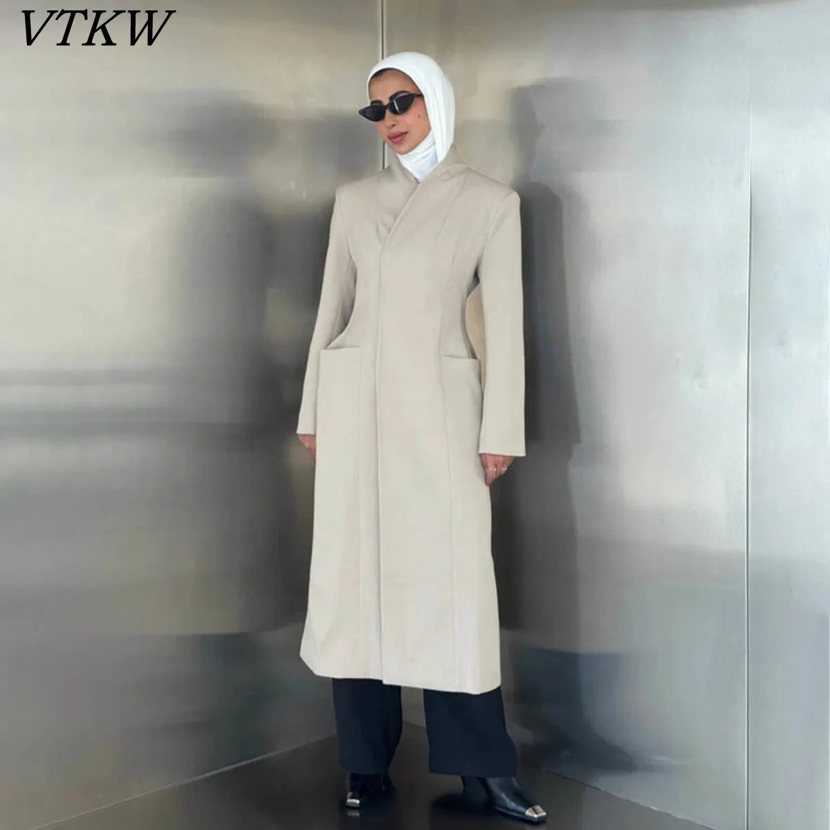 

VTKW Solid Color Button-down Simple Design Long Coat For 2025 Spring Season, Women's Blazer, High-quality Business Coat