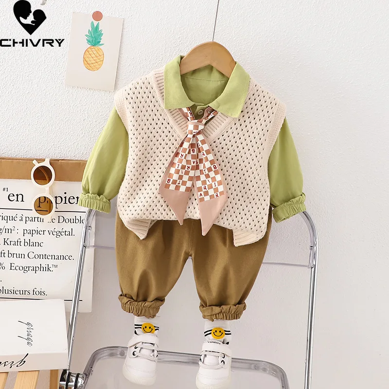 New 2023 Kids Spring Autumn Solid V-neck Knit Vest Lapel Shirt with Casual Pants Baby Boys Fashion Three-piece Clothing Sets