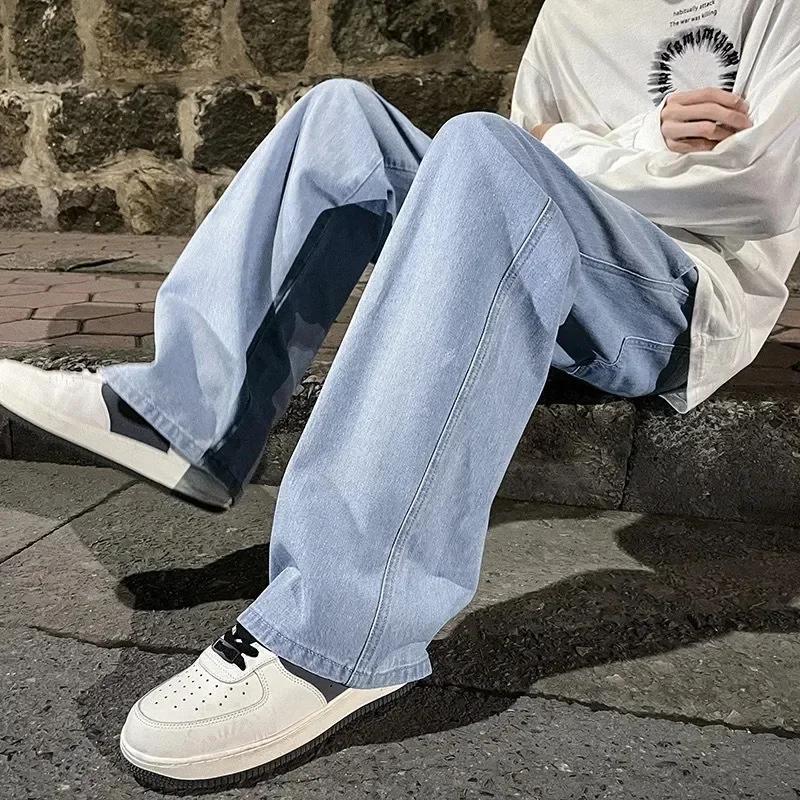 Gewaschene blaue Jeans im amerikanischen Stil für Herren, gerade, lockere Passform, weites Bein, High-Street-Freizeithose, trendig, einfach, lang