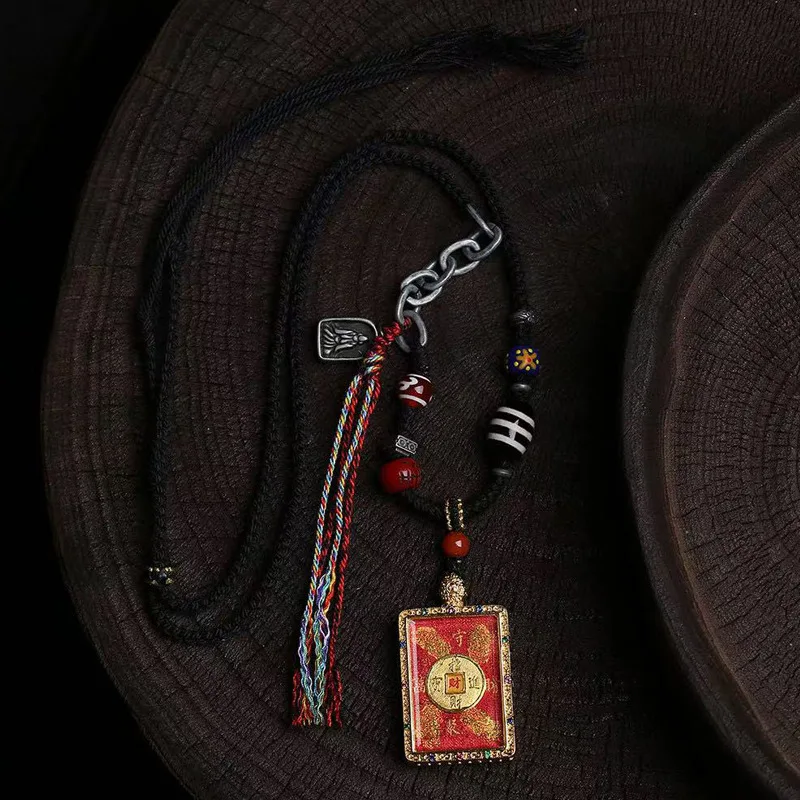 Hand-Knitted Sweater Chain with Agate and Glass Bead Accessories Thangka-Inspired Wealth-Attracting Pendant Necklace