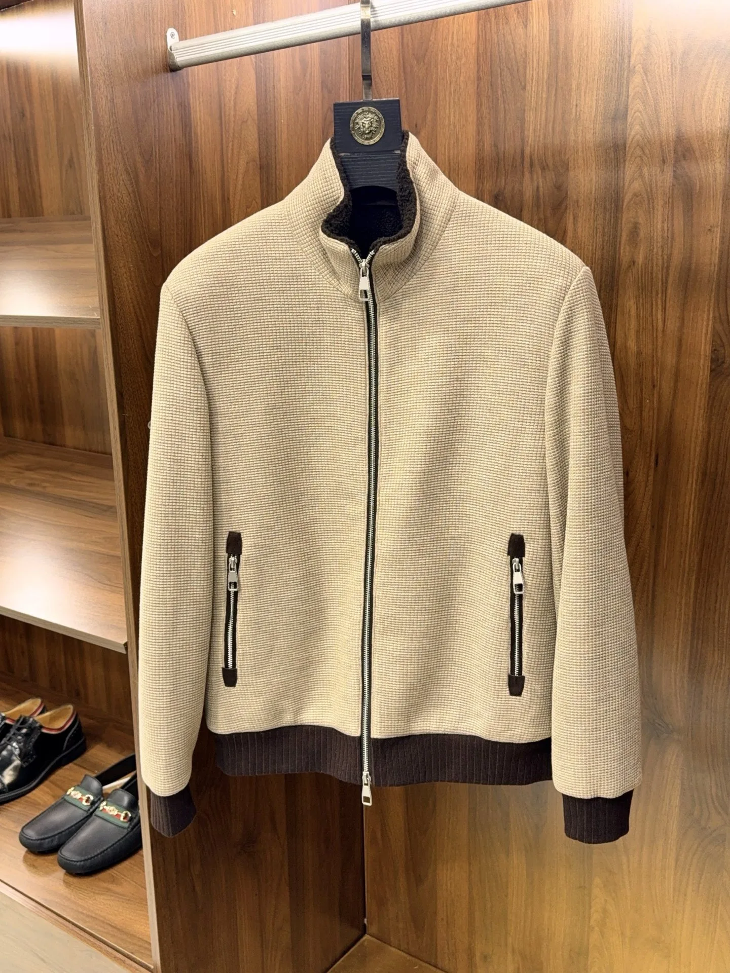 Waffle textured wool casual stand-up collar jacket with granular wool inside