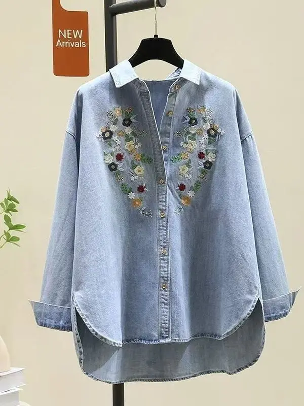 

Retro Embroidered Denim irt Jaet Loose Long Sve Women's Spring 2025 New Sle No Curl Design Casual Top