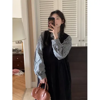 빈티지 패션 여성 가을 2024 새로운 슬리밍 조끼 드레스 긴 소매 기본 레이어 셔츠 2 피스 세트 유행 복고풍 스타일 