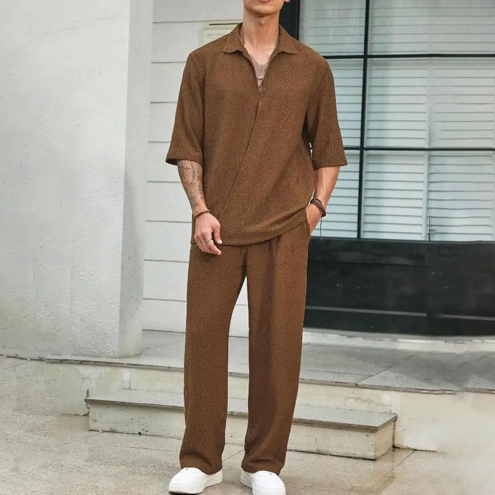 Short-sleeve Shirt Loose Trousers Set Stylish Men's V-neck Casual Outfit Set with Short Sleeve Top Wide Leg for Everyday