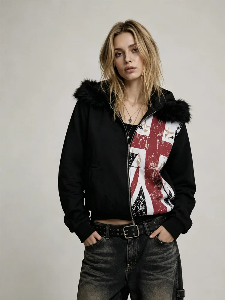 Damen-Winterjacke Retro Gothic Grafikdruck Pelzkragen Loser Reißverschluss-Sweatshirt Amerikanischer Harajuku Punk Casual Hoodie – Detail 10