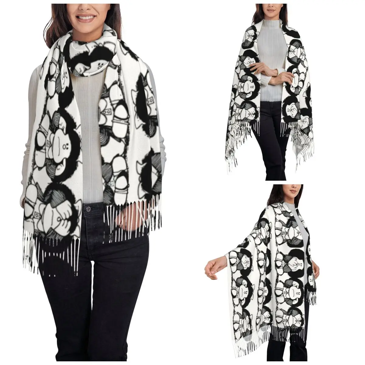 Womens Scarf with Tassel Mafalda Anime Cute Cartoon Large Winter Fall Shawl Wrap Manga Comic Gifts Pashmina Scarves