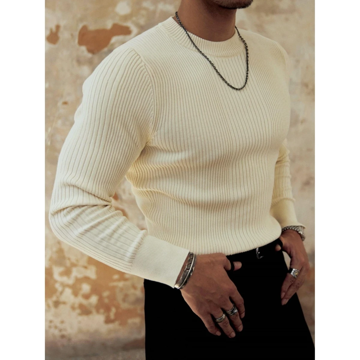 

Men's Slim Fit Long Sve Knitted Base irt Thermal T-irt Inner Wear Vintage American Sle Warm Sweater Casual Zipper De...
