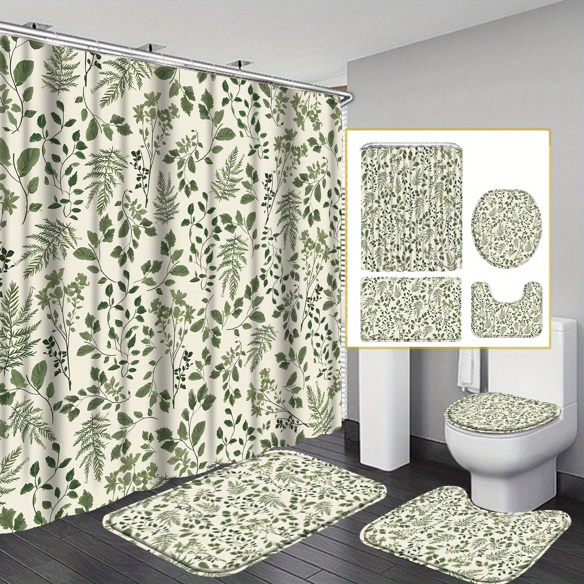 

4-piece Green Fern Leaf Sage Bathroom Shower Curtain Set with Area Rug, Bath Mat, U-Shaped Bath Mat and Toilet Seat