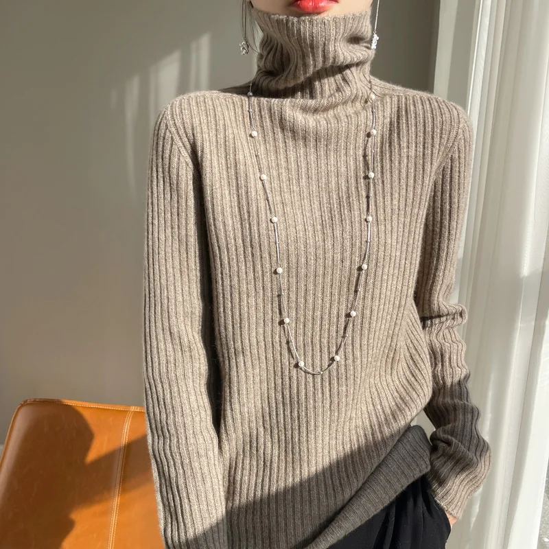 Women Autumn Winter New Wool Blend Sweater Pile Collar Vertical Stripes Pullover Bottoming Shirt Casual Warm Knitting Top