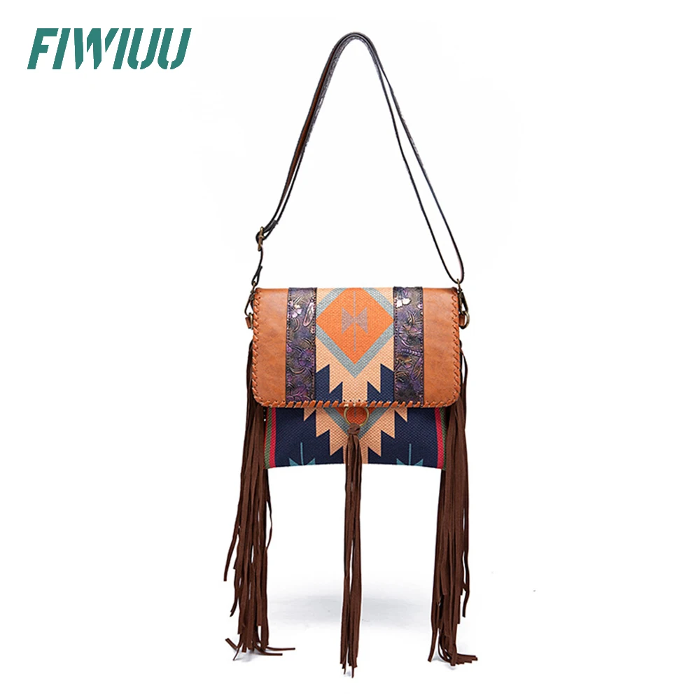 

FIWIUU Vintage Women Woven Shoulder Bag Splicing Crossbody Bag Tassel Pouch Bohemia Style Sling Flap Bag Messenger Bag