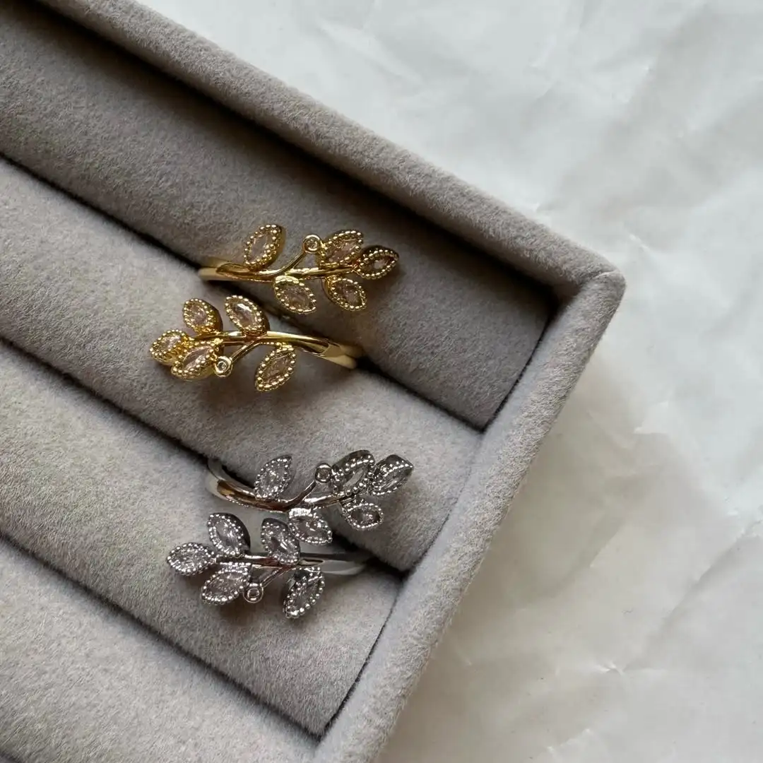 Zircon Double Leaves Rings For Women Stainless Steel Adjustable Ring 2023 New Couple Wedding Aesthetic Jewerly Femme