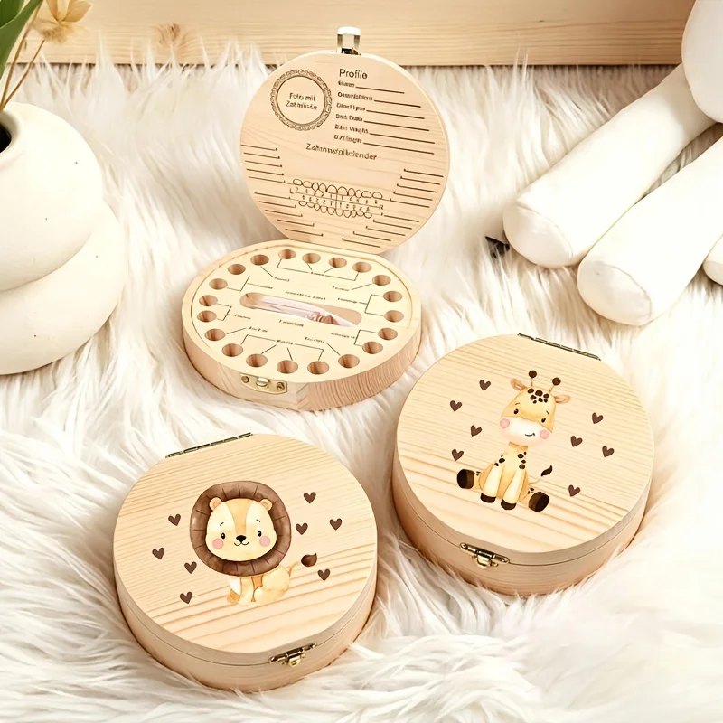 Wooden Animal Theme Tooth Keepsake Box 2D 1PCS Tooth Commemorative Storage Teeth Fetal Hair Birthday Halloween Christmas Gift