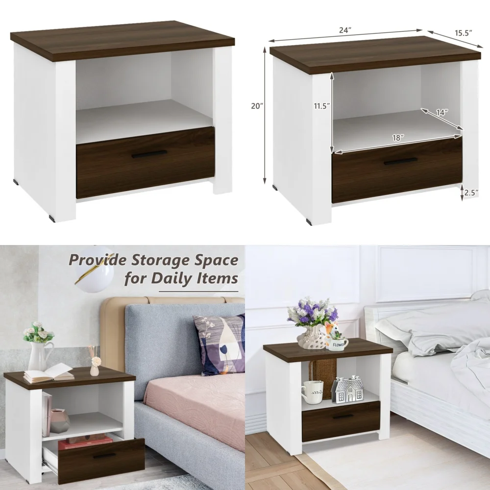 

ТумбочкиТемная тумбочка с выдвижным ящиком и открытой полкой Диван Приставной столик для спальни Гостиная Современный минималистский дизайн Дерево