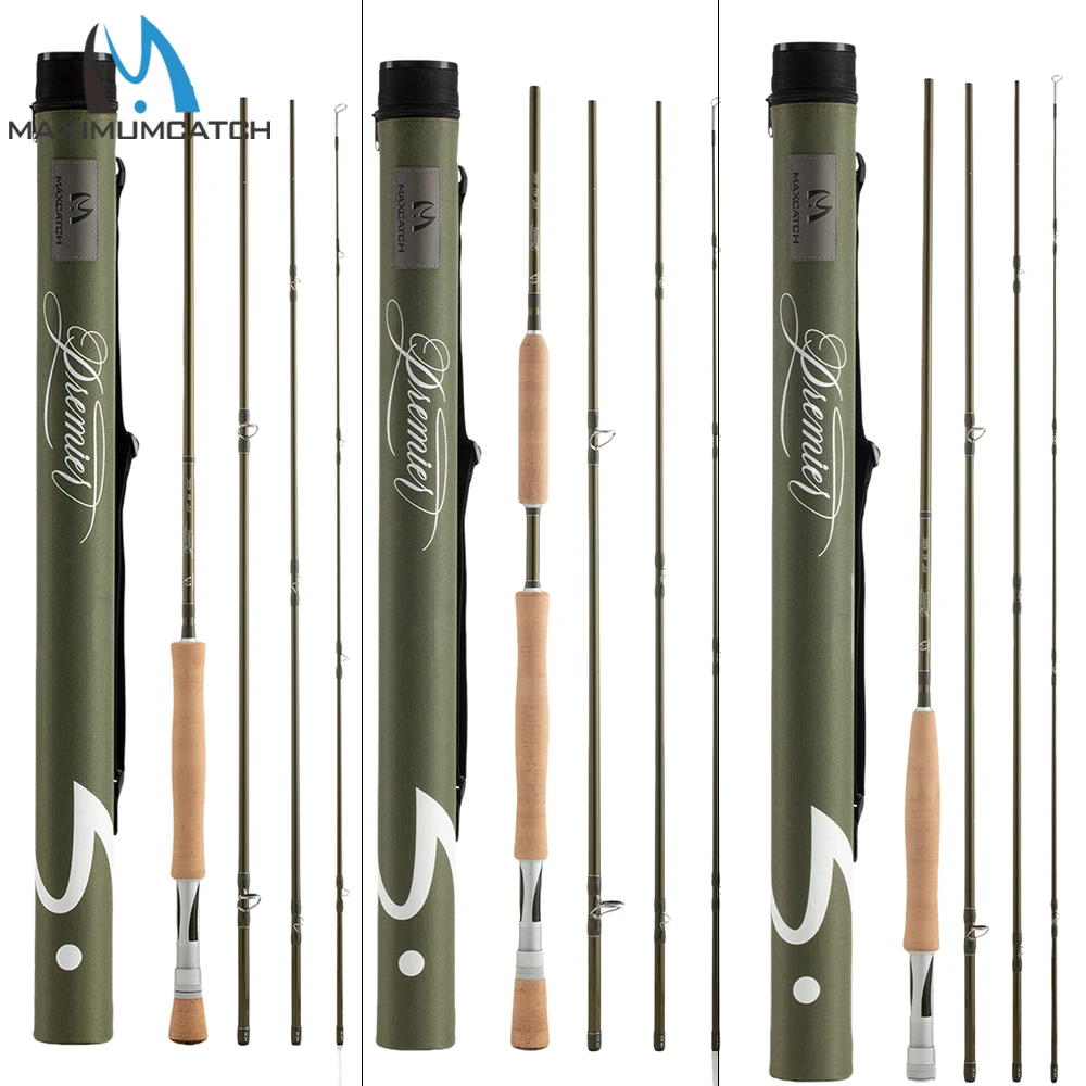 Caña de Pescar con Mosca Maximumcatch Premier X, 3-12WT, Fibra de Carbono IM8 30T, Acción Mod-Fast, 5 Capas, con Guías de Cerámica y Mango de Corcho