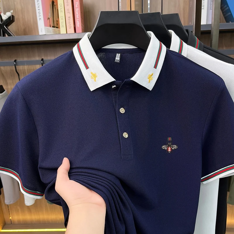 Luxusmarke Kurzarm Herren POLO Shirt Mode Boutique Bienenstickerei Design Neue Tops Sommer Freizeit Komfort Atmungsaktives T-Shirt – Detail 5