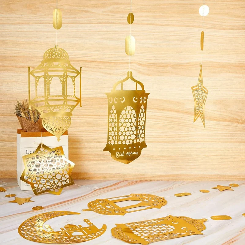 24 peças banner de festa estrela islâmica lua lanterna ramadan guirlanda eid decoração streamer ramadan mubarak festa banner, ouro