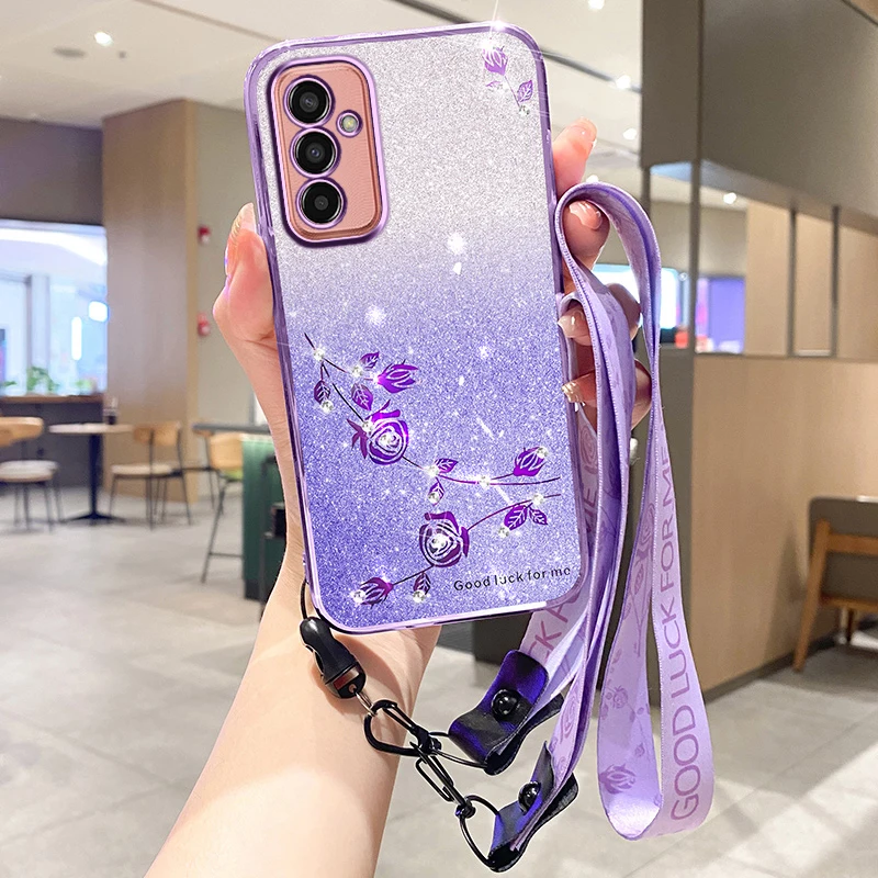 For Samsung Galaxy F34 F13 F54 F17 F23 F15 F06 F14 Lens Protection Glitter Phone Case Lanyard TPU Silicone Soft Cover Cases