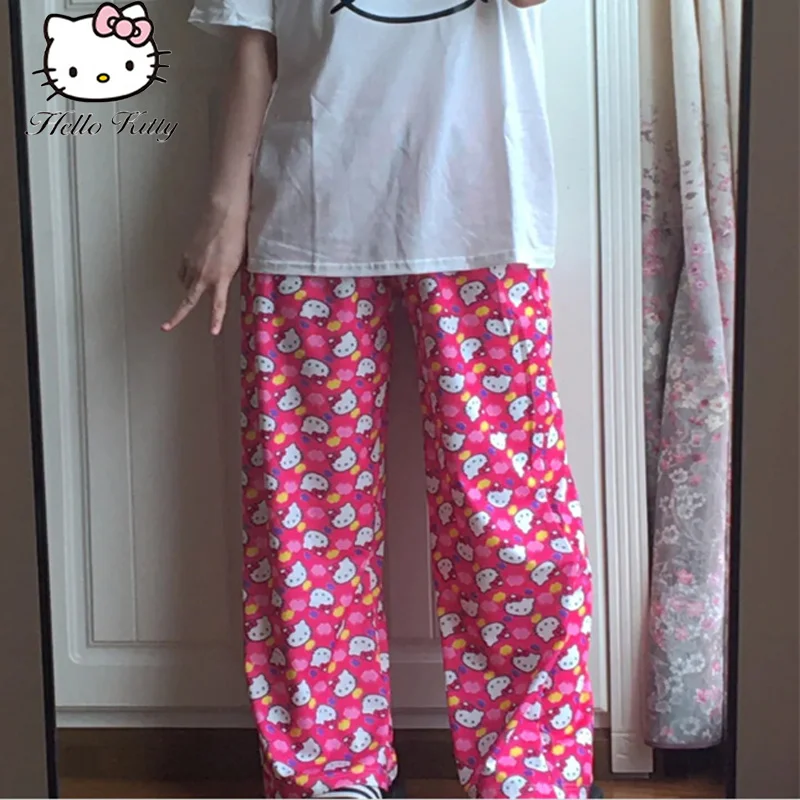 Kawaii Sanrio Y2k Hello Kitty Trousers Women New Wide Leg Pant Lovely Loose High Waist Casual Thin Pants Printed S-XL