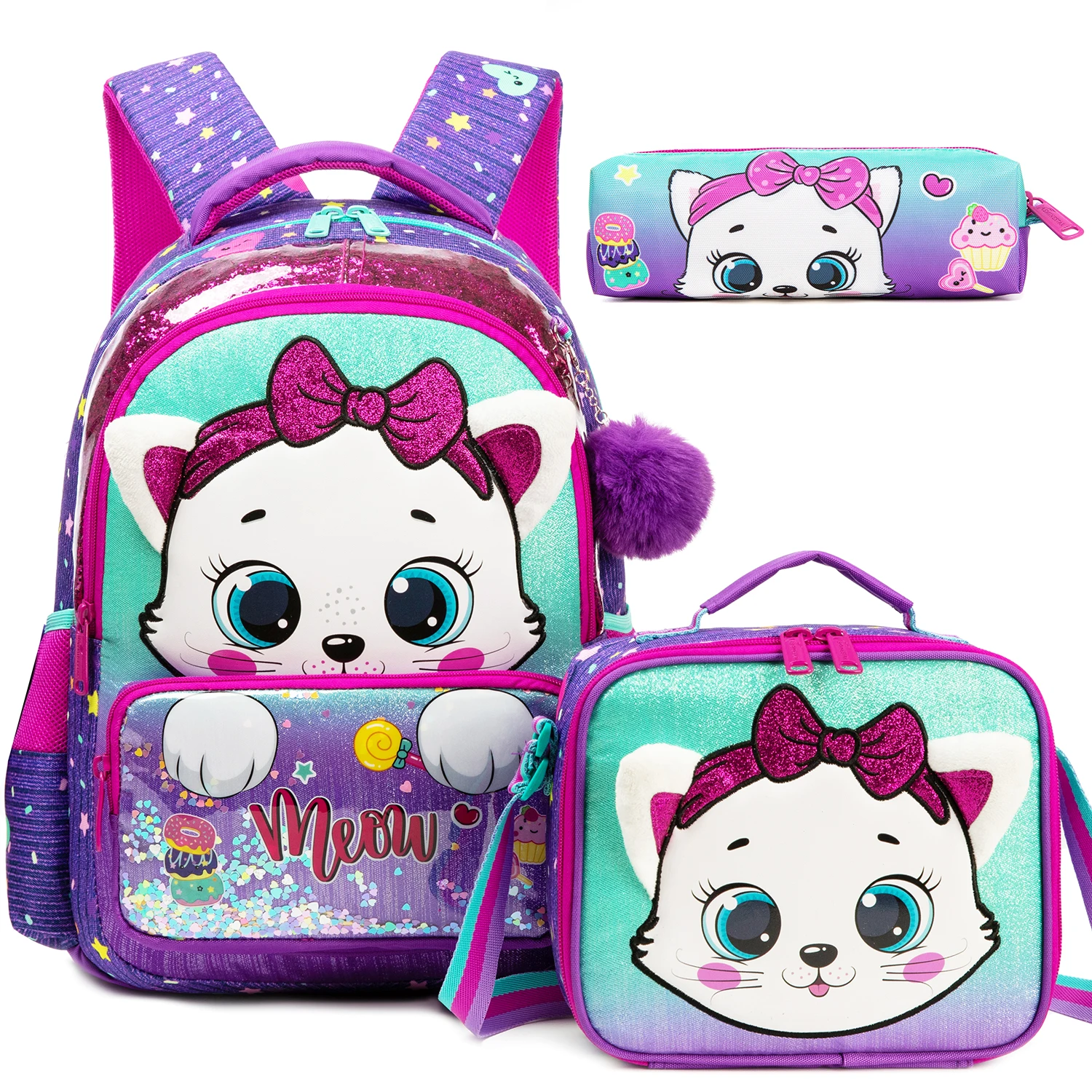 

Kids Backpacks for Girls School Bag Cute Girls Backpacks Ages 8-10 with Lunch Bag Pencil Case Bookbag Set Travel Backpack