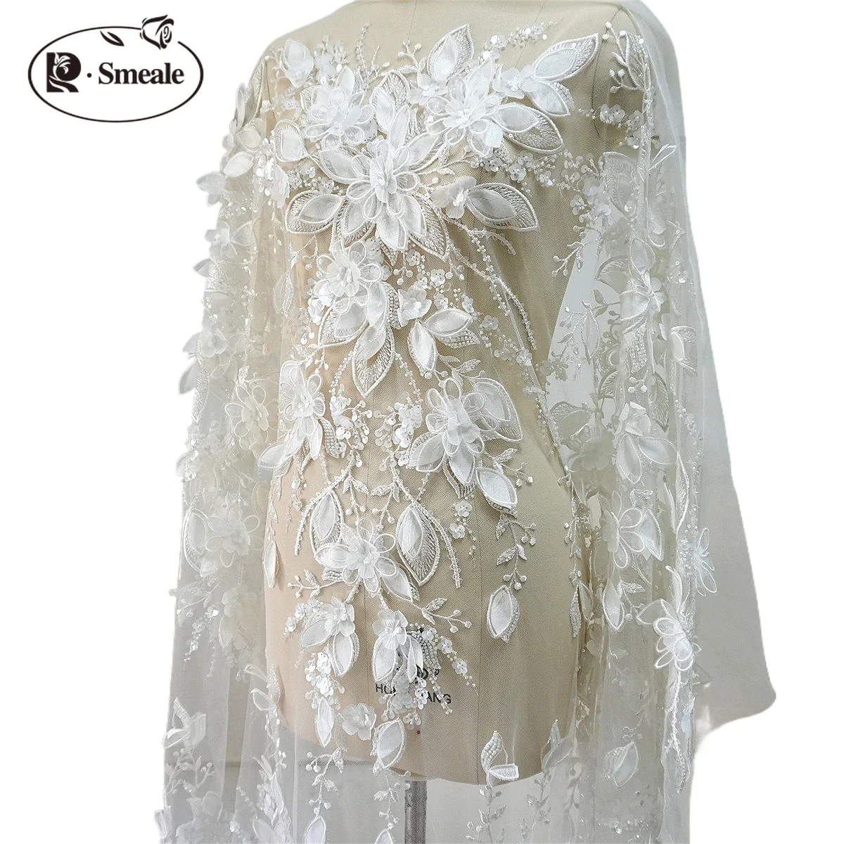 NEUER handbestickter Spitzenstoff mit 3D-Blumen und Perlen und Pailletten. Schleier. Luxuriöses Brautkleid mit Applikationen – Detail 5