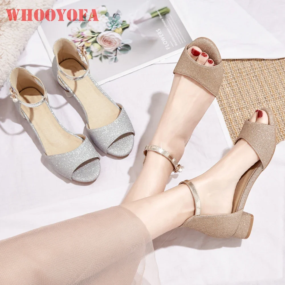 

Summer New Comfortable Silver Gold Women Formal Sandals Chunky Heel Office Lady Shoes Plus Small Big Size 28 30 43