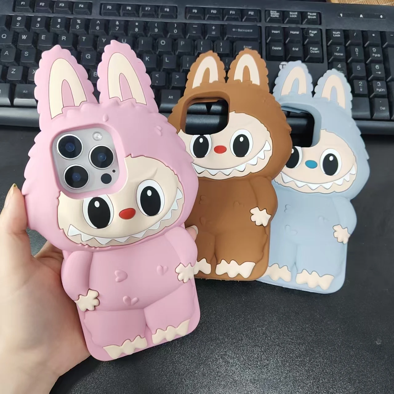 آيفون 16 15 14 13 12 برو ماكس Kawaii ثلاثية الأبعاد الكرتون لطيف وحوش لينة غطاء سيليكون مع حامل القضية