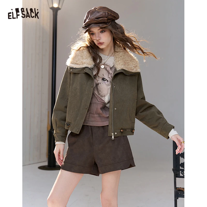 ELFSACK Women's Winter Brown Jacket with Faux Fur Collar, Casual Loose Outerwear for Daily