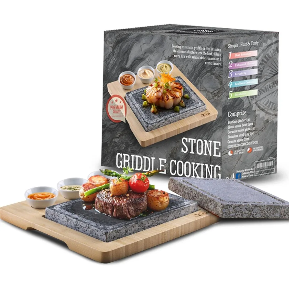 

Natural Granite Cooking Stone Set - 2pcs Heat-Resistant Stones with Bamboo Tray & Sauce Bowls for Indoor Outdoor BBQ