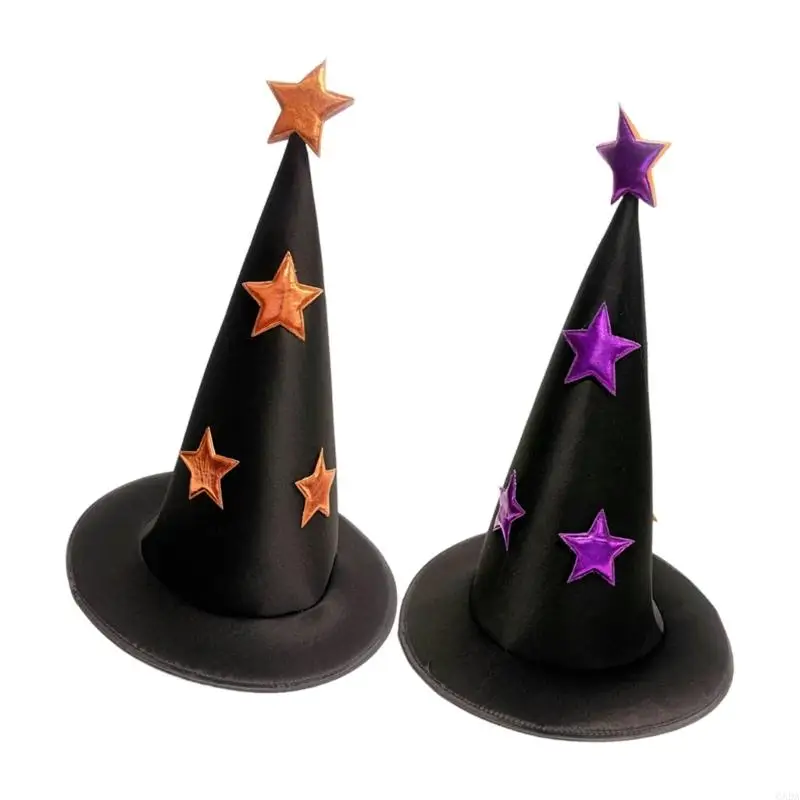 Halloween Party Witch Hat with Pointed Top Broad Black Fabric Look and Star Accent for Costume Styling 6XDA