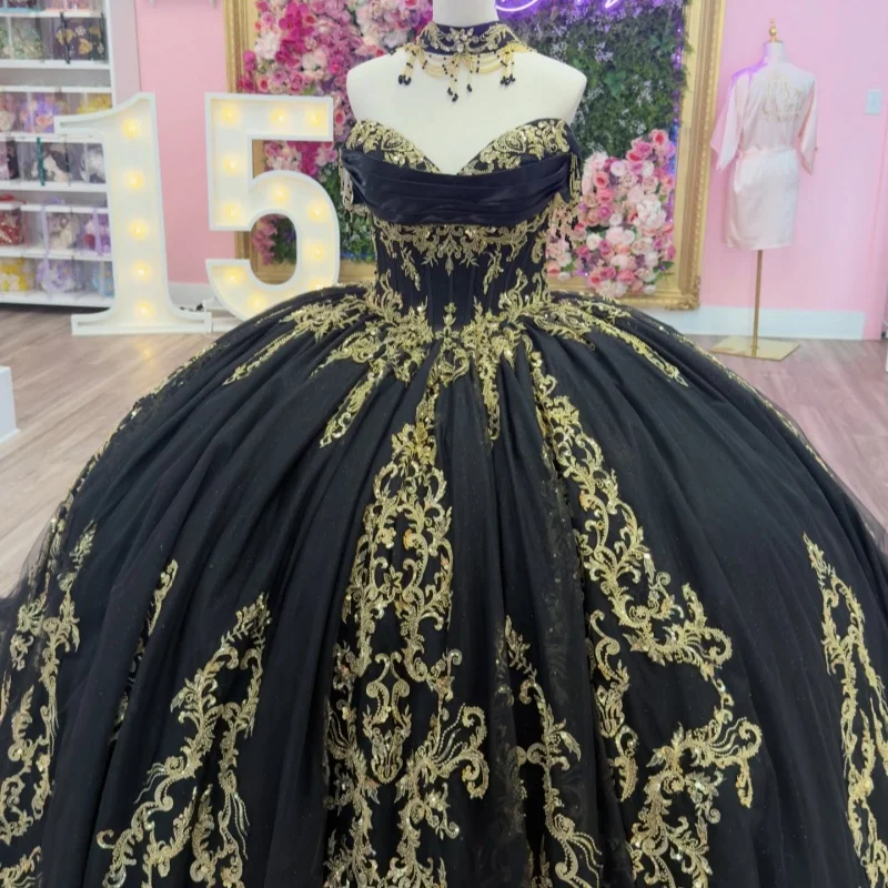 

Black Quinceanera Dresses Off the Shoulder Crystal Golden Glitter Decal Long tail Vestido De 15 Quinceanera Customize