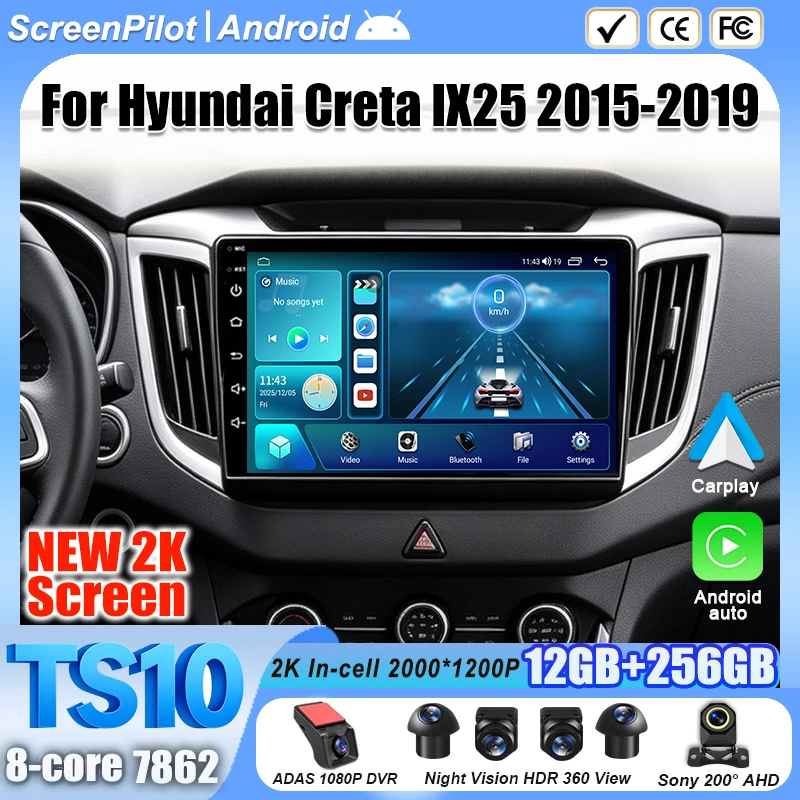 Android 16 For Hyundai Creta IX25 2015-2019 Car Radio Stereo Head Unit Multimedia Video Player GPS Navigation 2K QLED 9 Inch 5G