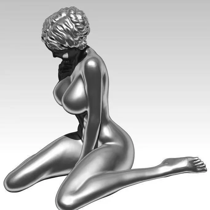 

New Silver Decor Nude Tabletop Women Statue Kneeling With Hands-on Between Legs Naked Female Sculpture Home Office Art Decor