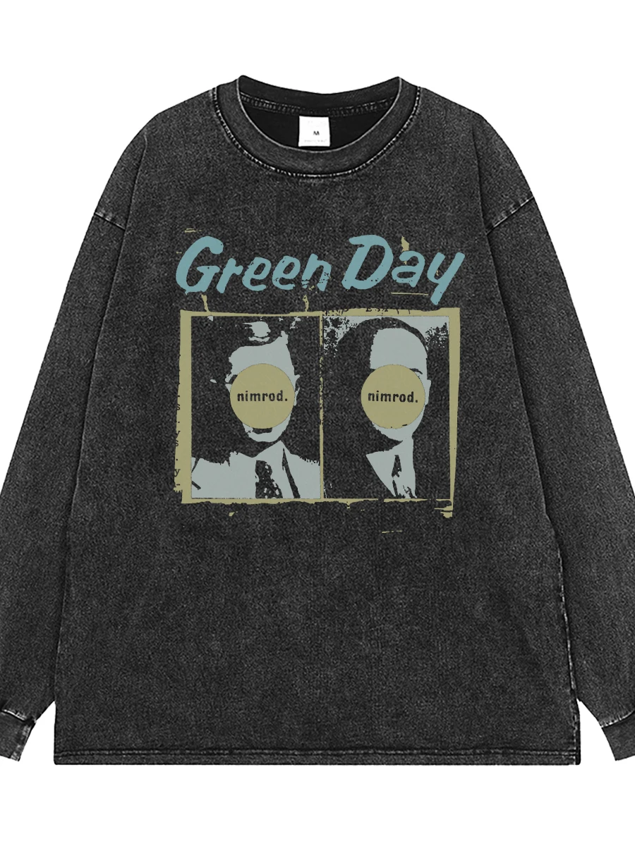 Washed Vintage Grey American Street Rock Shoulder Loose Long Sleeve T-Shirt Green Day Band Style Casual Cotton Tee for Youth