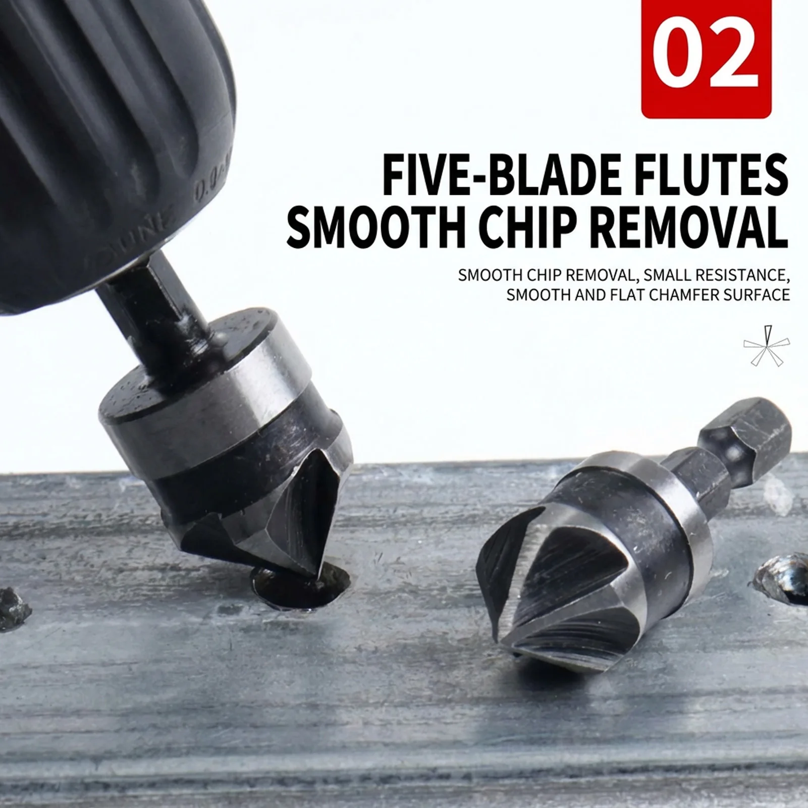 

Chamfering Cutter Set with Five Blade Durable Carbon Steel Hex Shank 6-19mm Woodworking Hole Cutter for Wood Plastic DIY