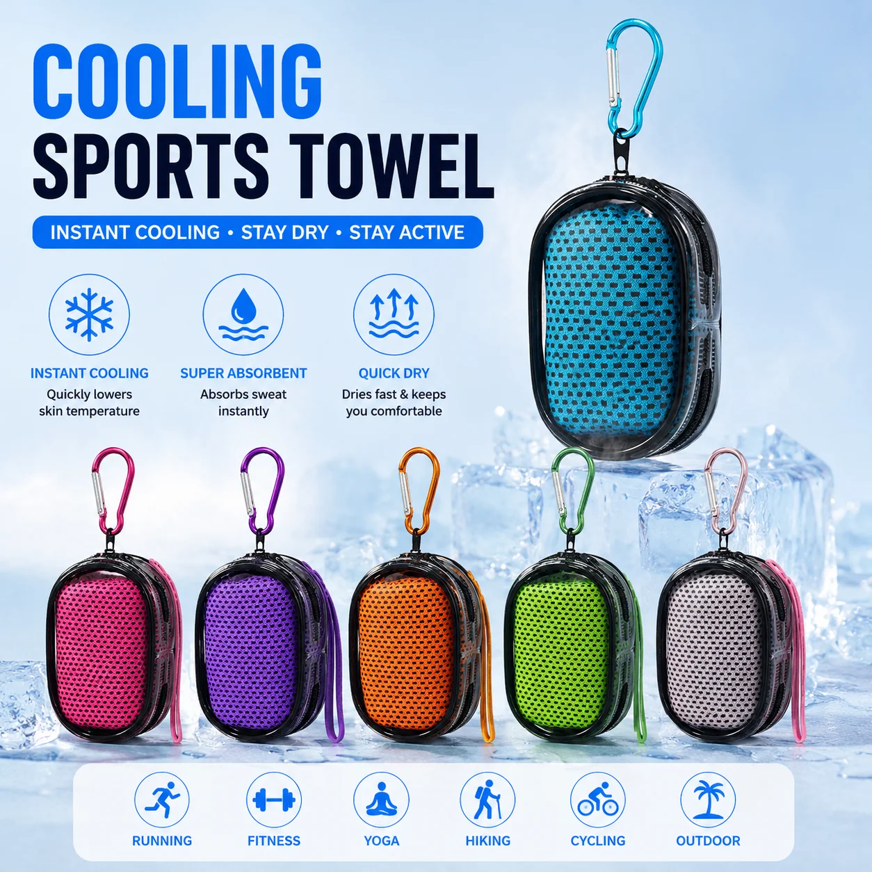 Portable Cooling Sports Towel with Storage Pouch Quick Dry Ice Silk Towel Sweat Absorbent for Gym Fitness Running Yoga Outdoor
