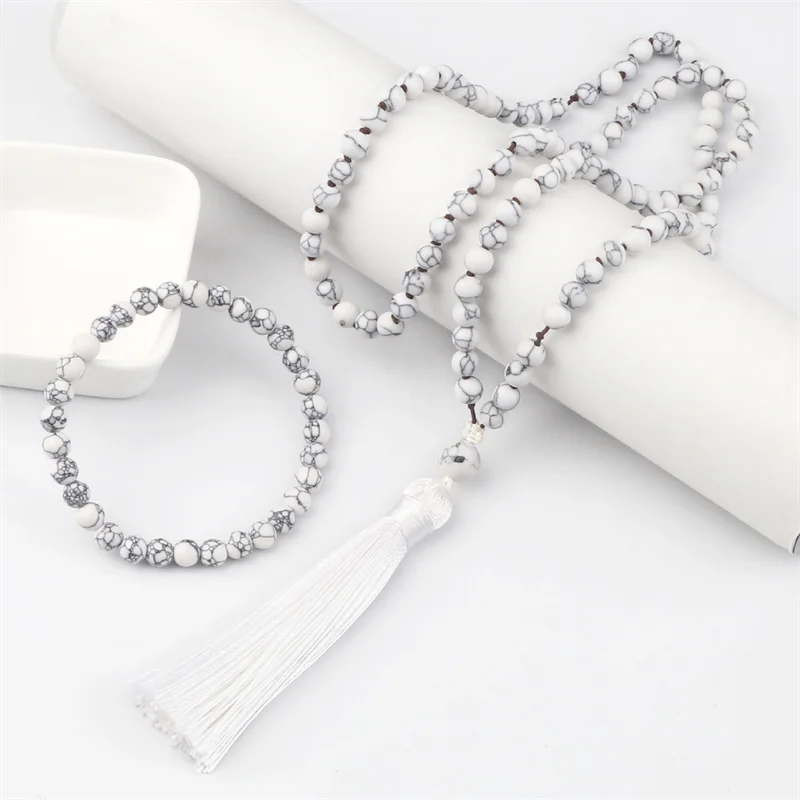 Classic Mala 108 Beads Knotted Necklace Women Men White Natural Stone Japamala Bracelet Long Tassel Rosary Necklace Jewelry Set