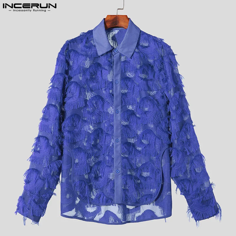 2024 Men Shirt Tassel Jacquard Lapel Long Sleeve Button Streetwear Men Clothing See Through Fashion Casual Camisas S-5XL INCERUN