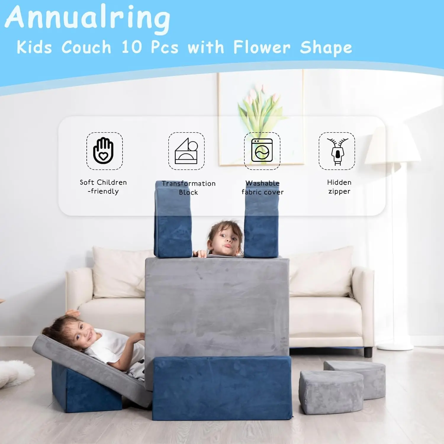 Sofá de espuma plegable con forma de flor para niños, sofá de juego para niños pequeños, muebles para dormitorio y sala de juegos Fortplay, 10 piezas